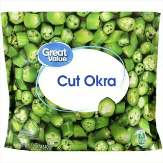 great value frozen okra bags featuring cut okra pieces on packaging with visible text 'cut okra', '12 oz', and 'keep frozen'
