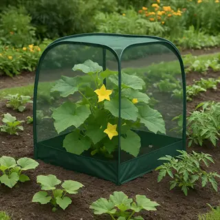 green garden trellis netting covering a flowering plant with large leaves and yellow blooms in a vegetable garden, supported by tomato plants and marigolds in the background
