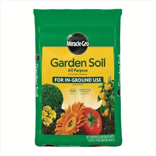 green miracle-gro garden soil bag (1.5 cu ft) for in-ground use with images of gerbera daisies, tomatoes, and shrubs. a garden soil bag that enriches soil for vibrant growth