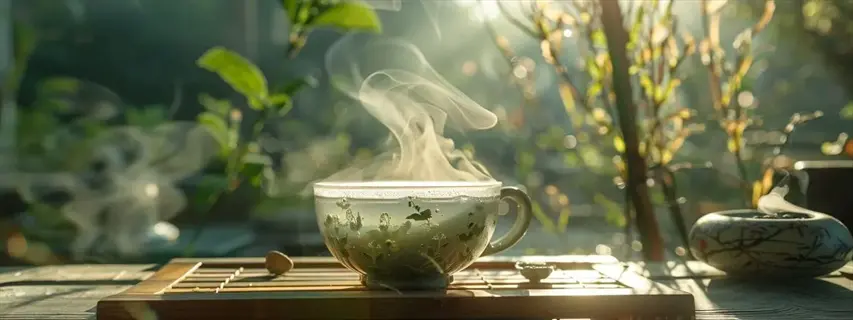 green tea leaves brewing in a steaming cup on a wooden tray amidst lush garden foliage