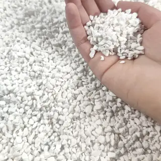 hand holding a pile of white perlite granules with more scattered in background