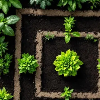 hands working in a natural rope garden grid with thriving plants