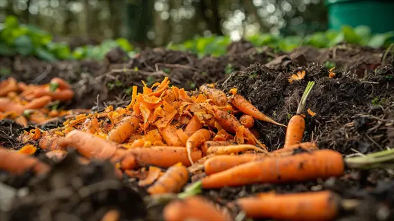 harvested carrots with and without green tops scattered across a fertile carrot garden bed, surrounded by soil and greenery