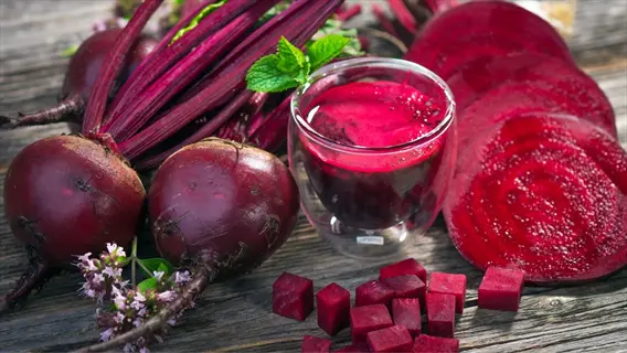 healthy beets with vibrant greens, whole roots, beet juice in glass, sliced rounds, and cubed pieces on rustic wooden surface