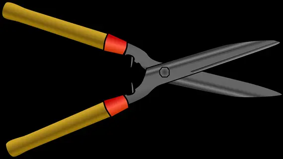 hedge shears garden tool with yellow handles and red accents, isolated on black background - vector illustration