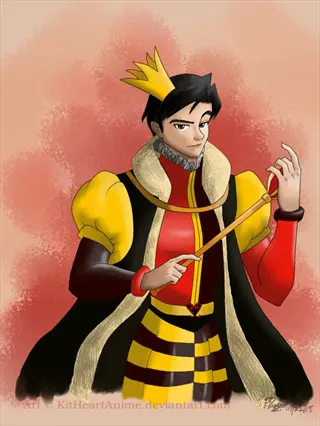 hybrid king of hearts character in regal red/yellow/black attire holding scepter, by kitheartanime