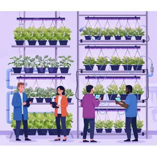 illustration of a modern vertical farm with spinach grow lights illuminating leafy greens on multi-tiered shelves, as workers monitor with tablets