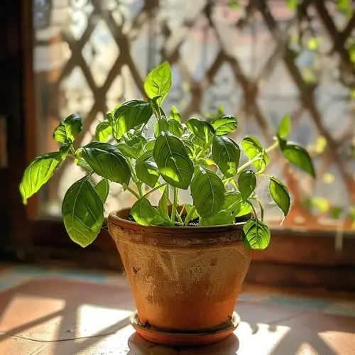 indoor herb garden sunlight: potted basil plant in terracotta pot on a windowsill with decorative lattice, morning light streaming through