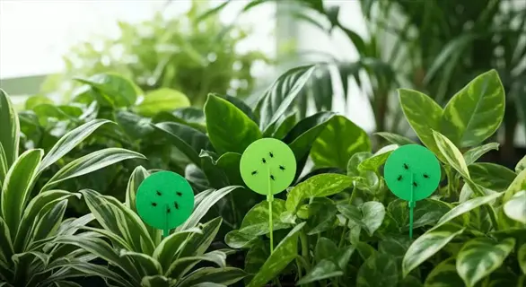 indoor plants with sticky traps catching fungus gnats (fungus gnats plants), surrounded by lush green foliage in a bright space