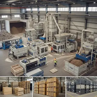 industrial seed processing facility with machinery, conveyor systems, and workers - featuring stacked metal industrial seed containers in storage areas