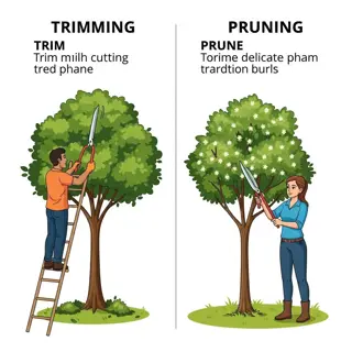 infographic comparing tree trimming (left: person on ladder with loppers) and pruning (right: person using red-handled pruner on flowering branch)