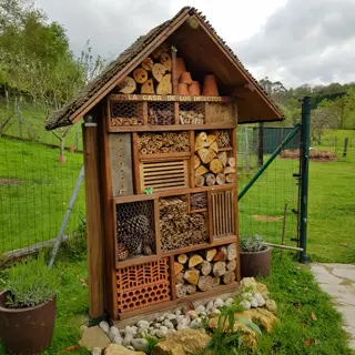 insect hotel garden: wooden structure labeled 'la casa de los insectos' with bamboo, wood, terracotta pots, and pine cones in a grassy area. provides diverse shelter options for beneficial insects (sustainable garden feature)