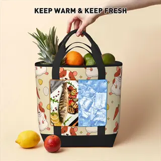 insulated radish refrigerator bag with hamster pattern features dual compartments for warm fish and cold storage, holding fresh produce including radish; 'keep warm & keep fresh' text displayed