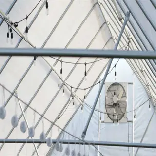interior view of a greenhouse with a ventilation fan