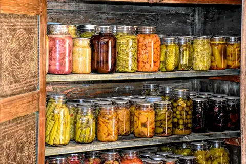 jars of preserved vegetables including carrots stored on wooden shelves in a root cellar - showcasing carrot root cellar storage