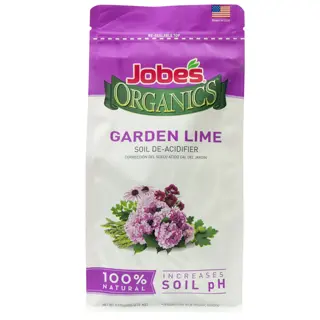 jobes organics garden lime powder bag with floral illustrations, text labels, and soil ph adjustment claims