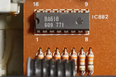 led driver unit circuit board showing ba618 ic chip, resistors, and labeled pins for power/control functions