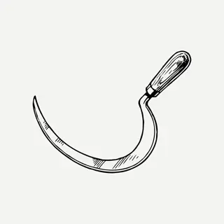 line art illustration of a pruner hook with curved cutting blade and handle, isolated on white background