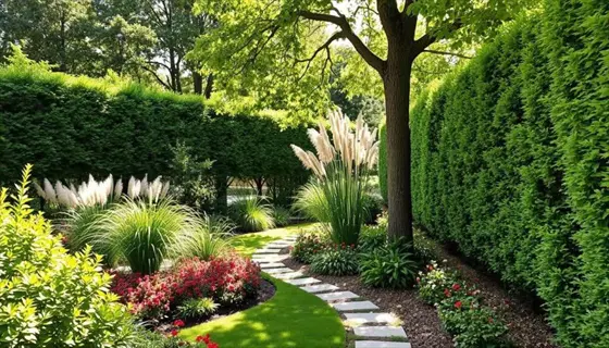 lush garden pathway with stone pavers, flowering plants, tall ornamental grasses, and dense arborvitae evergreen hedge borders