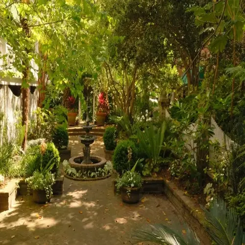 lush shade garden with central stone fountain, brick pathway, diverse greenery, and blooming flowers in planters