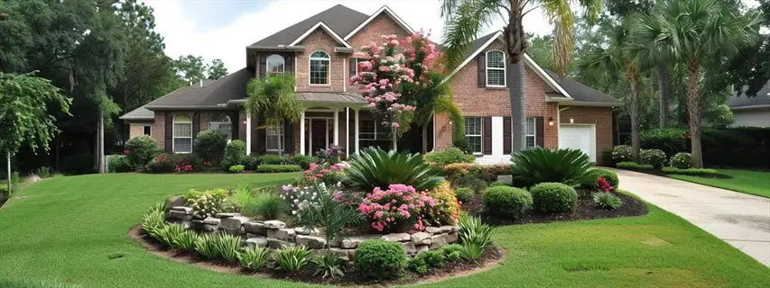 luxurious suburban home featuring petite pink monarda border amid manicured lawns and palm trees