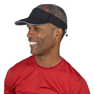 man smiling in sports visor activewear (black athletic visor + red performance shirt) against white background