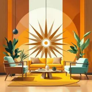 mid-century modern indoor parlor featuring two lush indoor parlor palms (chamaedorea elegans-like plants) beside teal armchairs and a yellow sofa. vibrant orange-and-white sunburst wall art and geometric patterns create a retro atmosphere