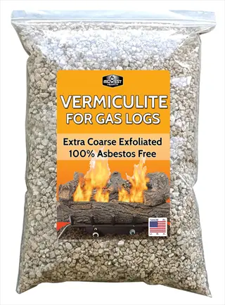 midwest hearth vermiculite granules bag labeled 'vermiculite for gas logs - extra coarse exfoliated, 100% asbestos free' with flaming log graphics on white backdrop