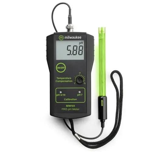 milwaukee mw101 pro ph meter showing 5.88 ph value with calibration buttons, temperature compensation, and green electrode; ph meter calibration close