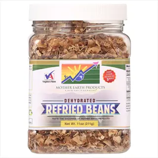 mother earth products 11oz jar of dehydrated refried beans with colorful label text on white background