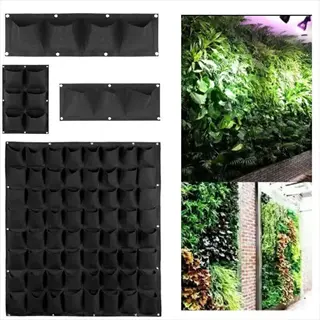 multiple fabric planting pockets displayed: 4-pocket panel, 9-pocket panel, large multi-pocket planter; living wall examples with lush greenery in background