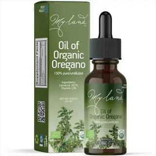 myland organic oregano oil product: dark glass dropper bottle and matching box with green herbal design, labeled '100% pure/undiluted' with ingredient details (carvacrol >82%, thymol <2%)