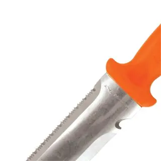 orange-handled soil knife with serrated edge