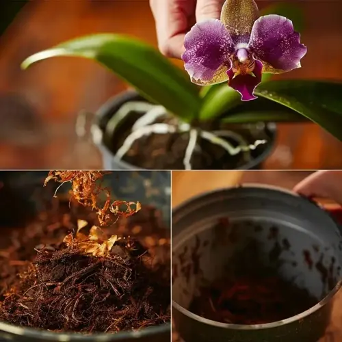 orchid repotting close-up collage: hand holding blooming orchid, bark moss potting mix preparation, and soil-filled pot