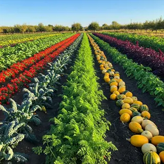organized farm field with lush carrot bed, rows of chives, vibrant squash, and diverse vegetables under sunny skies in a productive garden