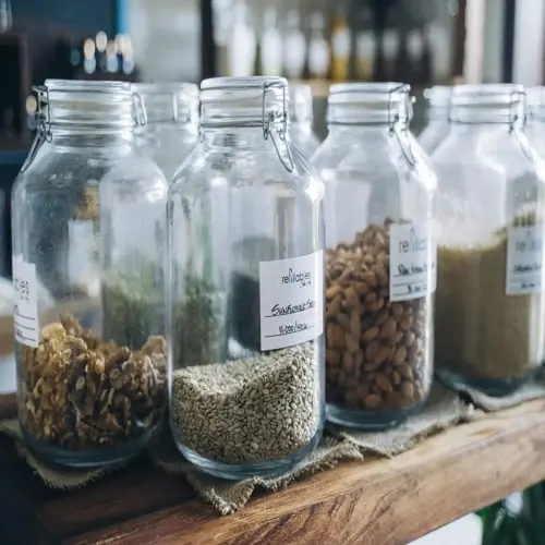 organized seed storage jars with visible labels displayed on wooden shelves in a zero-waste store setting