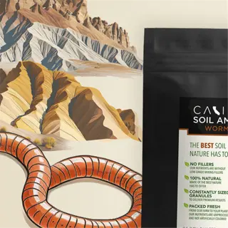 package of worm castings with illustration of worm and landscape