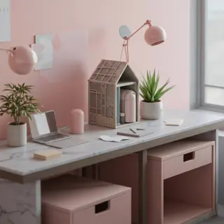 pink home office setup with marble desk featuring laptop, pastel lamp, house-shaped organizer, and lush indoor boston fern in white pot beside a succulent