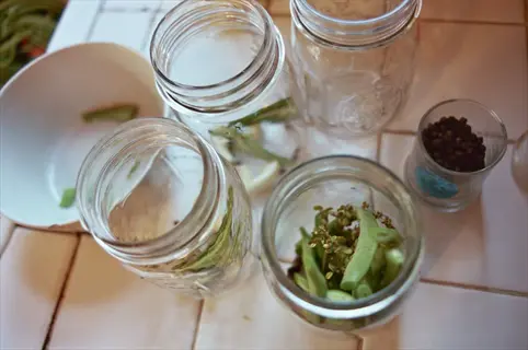 preparation for pickled green beans: fresh green beans with dill and peppercorns in jars on kitchen counter