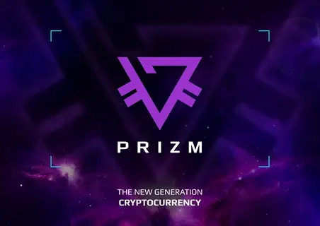 prizm cryptocurrency branding: geometric purple logo centered on cosmic nebula background with 'the new generation cryptocurrency' text