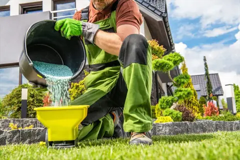 professional gardener in green overalls pouring granular fertilizer into a yellow lawn fertilizer spreader in a sunny suburban backyard garden