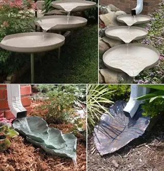 rain gutter garden: collage of water features including tiered cascading bowls and leaf-shaped basins for downspout management