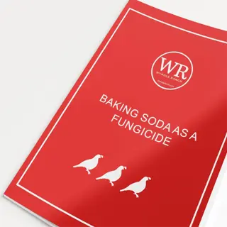 red booklet titled 'baking soda as a fungicide' with white bird illustrations