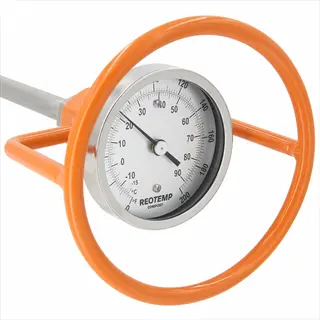 reotemp dial compost thermometer probe with orange circular handle and temperature gauge showing insertion depth for compost piles
