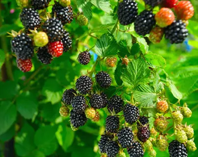 ripe blackberry clusters on vine in full sun with multi-stage drupelets among green foliage