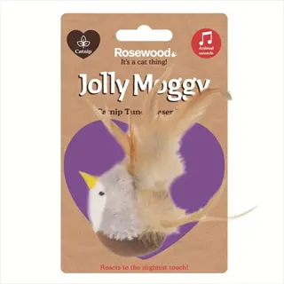 rosewood jolly moggy catnip toy for cats - plush bird with feathers in branded packaging for feline enrichment