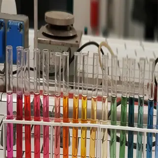 row of test tubes with colorful liquids for ph testing in a laboratory setting