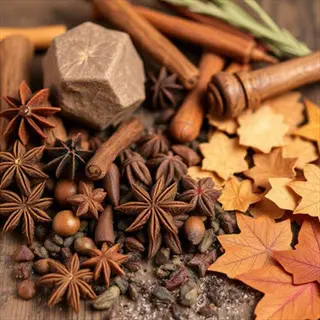 rustic arrangement of spices including star anise, cinnamon sticks, neem bark powder, and autumn leaves on wooden surface