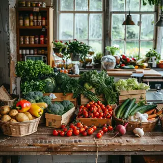 rustic indoor market display with fresh kale under warm indoor lights, featuring wooden tables stacked with vegetables in baskets and crates