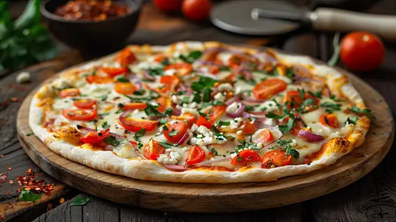 rustic oregano mediterranean pizza with cherry tomatoes, red onions, herbs and cheese on a wooden board, surrounded by fresh ingredients and kitchen tools